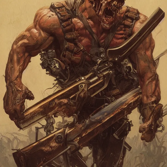 Image similar to The evil dead, manowar album cover, Muscular man, chainsaw attached to hand, short double barrel shotgun. dead demons, blood, artstation, concept art, smooth, sharp focus, highly detailed, illustration, art by artgerm and greg rutkowski and alphonse mucha