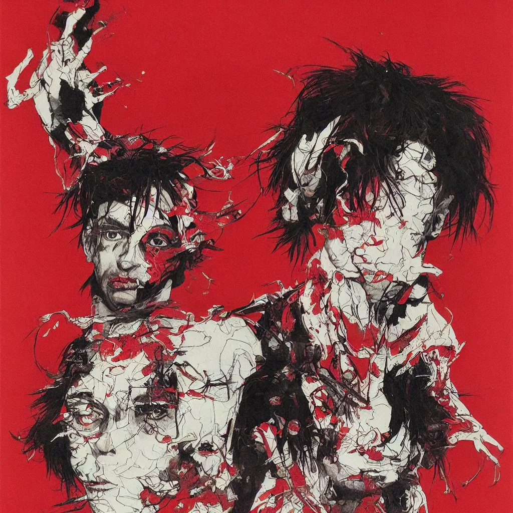 Prompt: Playboi Carti portrait, red, vibrant, intricate, smooth, artstation, art by Takato Yamamoto, Francis Bacon masterpiece