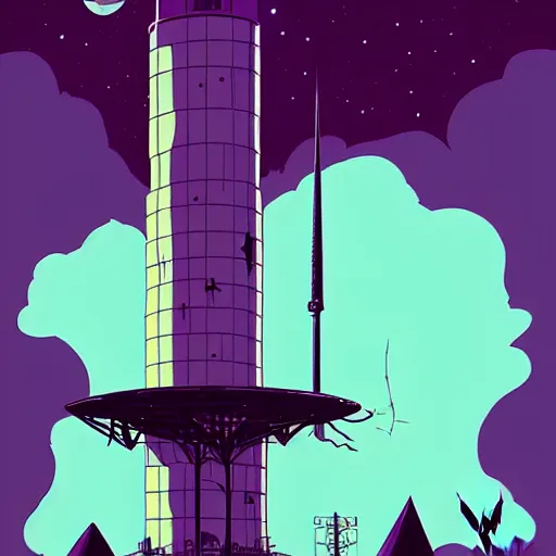 Prompt: artgerm, abigail larson, saul bass, purple color pallete, welcome to night vale, radio tower, radio signals, helicopter, desert, spooky strange weird quirky, cartoon, 2 d, chiral lighting, night time