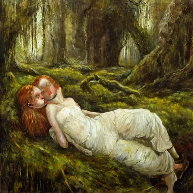 Prompt: a well - lit, realistic portrait oil painting of a thoughtful young, shy, redheaded irish alicia vikander resting her head on her boyfriend's shoulder, in moss - covered ruins, highly detailed, intricate, concept art, artstation, by donato giancola, ron cobb, and artgerm