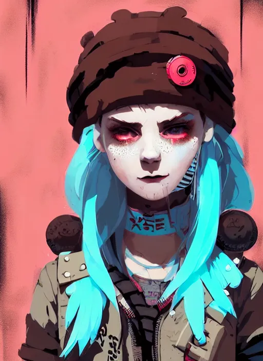 Image similar to highly detailed closeup portrait of a sewer punk pretty female road warrior student, tartan garment, cyan hair pigtails with headband by atey ghailan, by greg rutkowski, by greg tocchini, by james gilleard, by joe fenton, by kaethe butcher, gradient red, black, brown and white color scheme, grunge aesthetic!!! white graffiti tag wall background