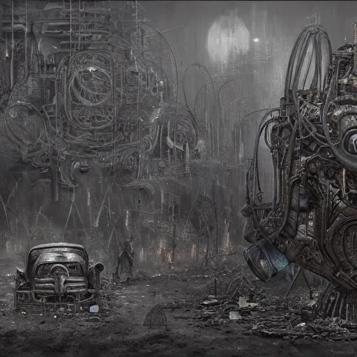 Image similar to a junkyard for cyborgsl, horror art by beksinski and szukalski and giger and and pyromallis and dzo and iris compiet and seb mckinnon and, technical drawing, blueprint, highly detailed, intricate, sharp focus, trending on artstation hq, deviantart, unreal engine 5, 4 k uhd image