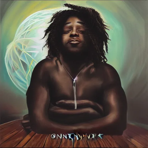 Prompt: painting of a tiny black man with long curly hair seated on a gigantic speaker, dramatic, album cover concept art, realistic, detailed, framed