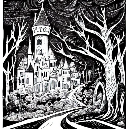 Image similar to mcbess illustration of a haunted castle in the woods, set an the end of a winding road