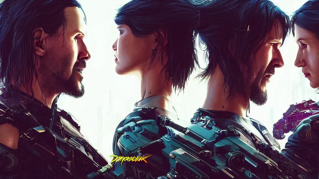 Image similar to a cyberpunk 2077 couple portrait of one Keanu Reeves and one female android final kiss,love,film lighting,by Laurie Greasley,Lawrence Alma-Tadema,Andrei Riabovitchev,Dan Mumford,John Wick,Speed,Replicas,artstation,deviantart,FAN ART,full of color,Digital painting,face enhance,highly detailed,8K,octane,golden ratio,cinematic lighting