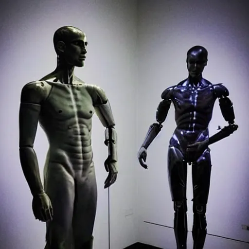 Image similar to “ a realistic detailed photo of a guy who is an attractive humanoid who is half robot and half humanoid, who is a male android, actor liam hemsworth, shiny skin, posing like a statue, blank stare, at the museum, on display ”