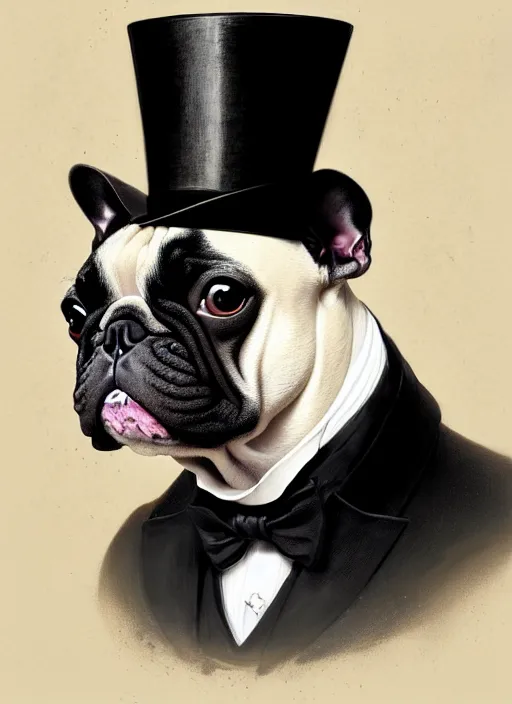 Image similar to portrait of a french bulldog as a gentleman, top hat, intricate, headshot, highly detailed, digital painting, artstation, concept art, sharp focus, cinematic lighting, illustration, art by artgerm and greg rutkowski, alphonse mucha, cgsociety