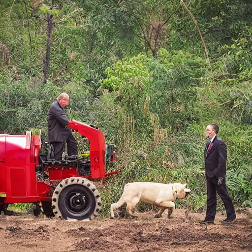 Prompt: a preacher with short cropped hair and a widows peak driving a small red bulldozer through the jungle while a wolfman runs along beside him