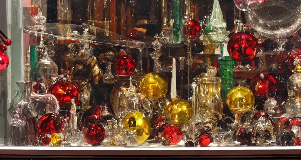 Prompt: murano glass in a shop window in venice at christmas, oil painting