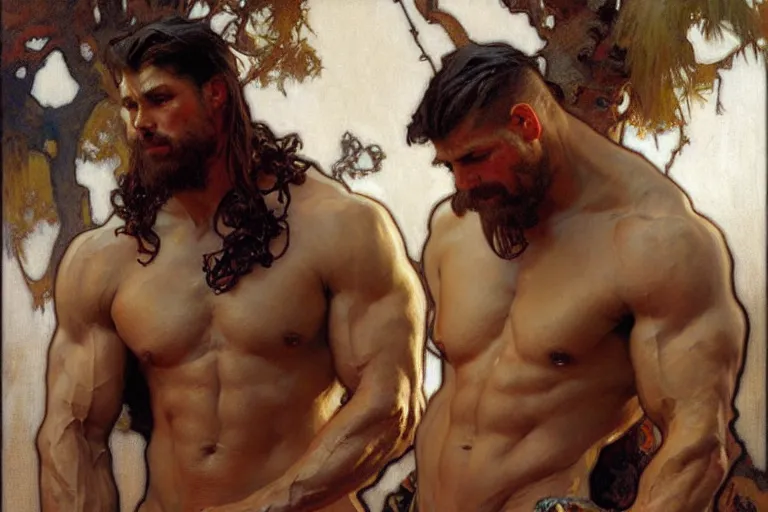 Image similar to 2 muscular attractive men, painting by gaston bussiere, craig mullins, greg rutkowski, alphonse mucha