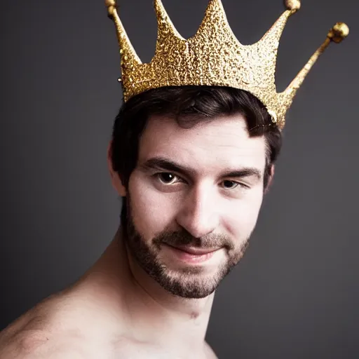 Prompt: man with a crown, smirk, photograph, black backgrounds