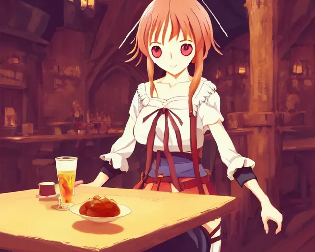 Image similar to anime visual, portrait of a young female traveler in a busy fantasy medieval tavern interior, cute face by yoh yoshinari, katsura masakazu, studio lighting, dynamic pose, dynamic perspective, strong silhouette, anime cels, ilya kuvshinov, cel shaded, crisp and sharp, rounded eyes