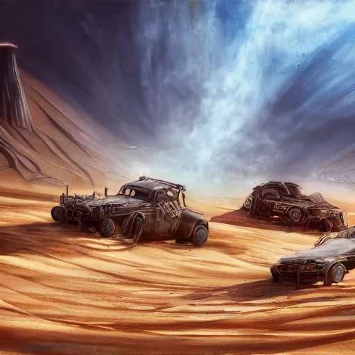 Prompt: painting of a sand landscape, futuristic, mad max style, wreckage of giant, humanoid robots, oasis, 4 k