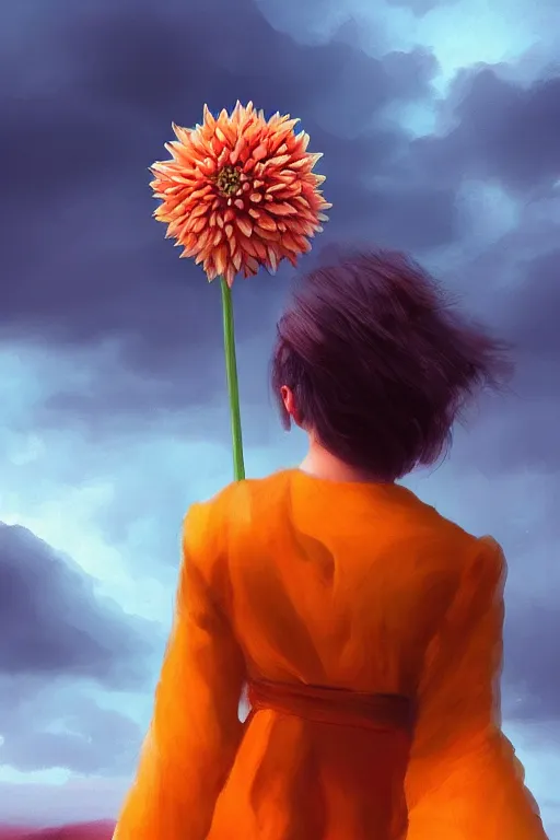 Image similar to closeup giant dahlia flower as head, girl standing on mountain, surreal photography, blue storm clouds, dramatic light, impressionist painting, digital painting, artstation, simon stalenhag