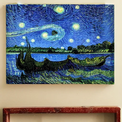 Prompt: highly detailed beautiful lake, with stars, by Van Gogh