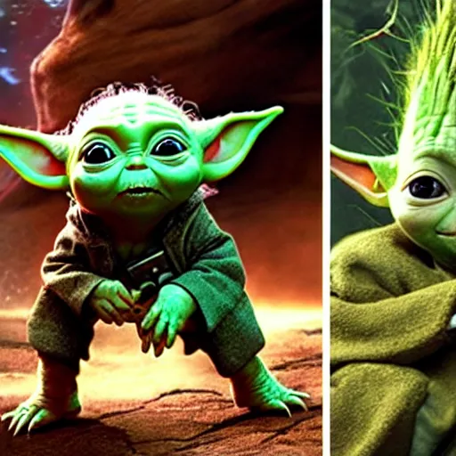 Image similar to baby yoda arguing with groot wearing star trek uniforms. high resolution.