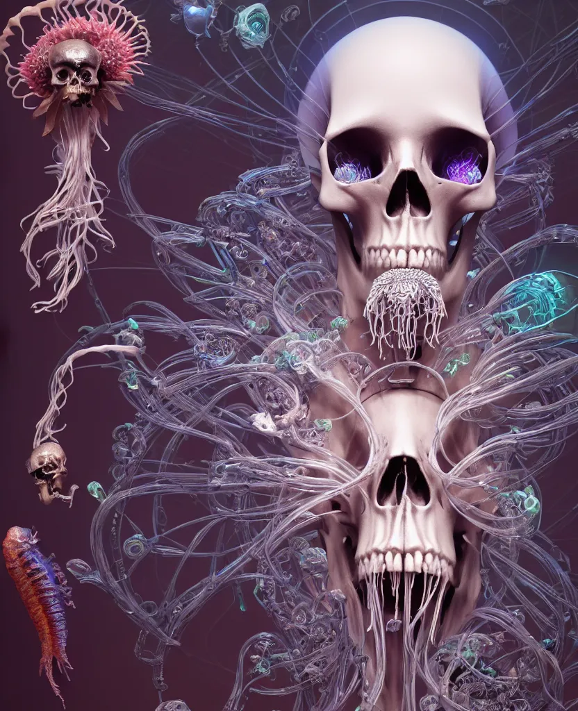 Image similar to goddess close-up portrait skull with mohawk, ram skull, skeleton, thorax, x-ray, backbone, jellyfish phoenix head, nautilus, orchid, skull, betta fish, bioluminiscent creatures, intricate artwork by Tooth Wu and wlop and beeple. octane render, trending on artstation, greg rutkowski very coherent symmetrical artwork. cinematic, hyper realism, high detail, octane render, 8k