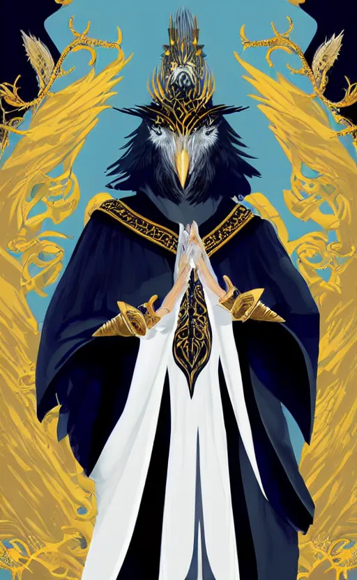 Image similar to raven headed male warlock doing wind magic, white and gold robes, exquisite details, full body character design on a white background, by studio muti