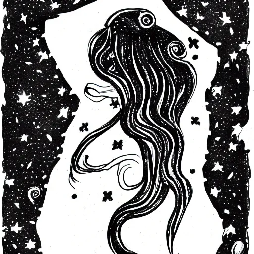 Prompt: A black ink portrait of a lonely beautiful woman with the the constellation in her beautiful black flowing hair, inktober