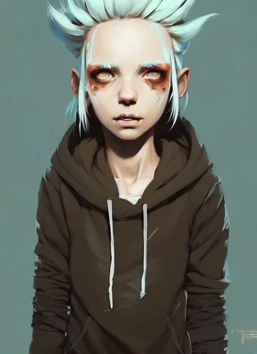 Image similar to highly detailed portrait of a sewer punk swedish young lady, hoodie, white hair by atey ghailan, by greg rutkowski, by greg tocchini, by james gilleard, by joe fenton, by kaethe butcher, gradient light blue, blonde, brown, cream and white color scheme, grunge aesthetic!!! ( ( graffiti tag wall background ) )