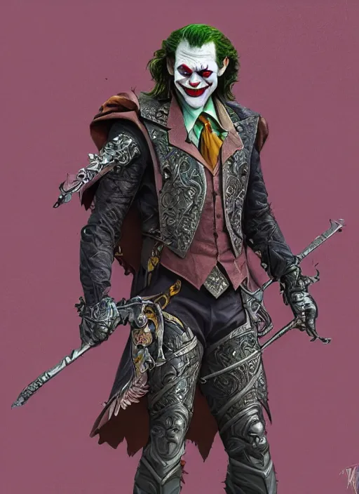 Image similar to powerful male clown, willem dafoe as the joker, full body character concept, covered in full metal armor, art nouveau, super powers, fantasy, intricate, elegant, highly detailed, digital painting, artstation, concept art, shining, sharp focus, illustration, art oleg bulakh