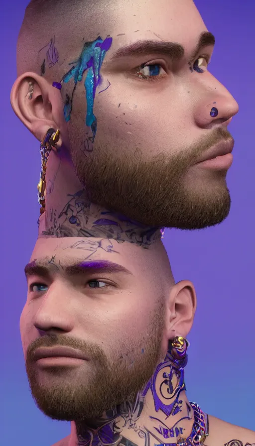 Prompt: 3D high detailed render of a male with purple hair and gold chains, face tattoos, profile picture on a blue background, sweat drops, insane, intricate, highly detailed, oil painting, smooth, sharp focus, Unreal Engine 5, 8K