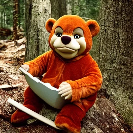 Image similar to candid photo of Teddy Ruxpin in the woods, sitting on the porcelain throne, playing with fire by Annie Leibowitz, photorealisitc, extremely detailed