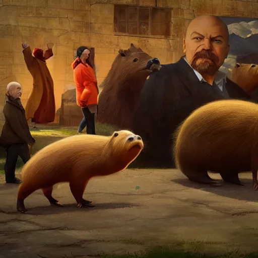 Prompt: an epic painting of vladimir lenin petting capybara, oil on canvas, perfect composition, golden ratio, beautiful detailed, photorealistic, digital painting, concept art, smooth, sharp focus, illustration, artstation trending, octane render, unreal engine, anime style, ghibli studio