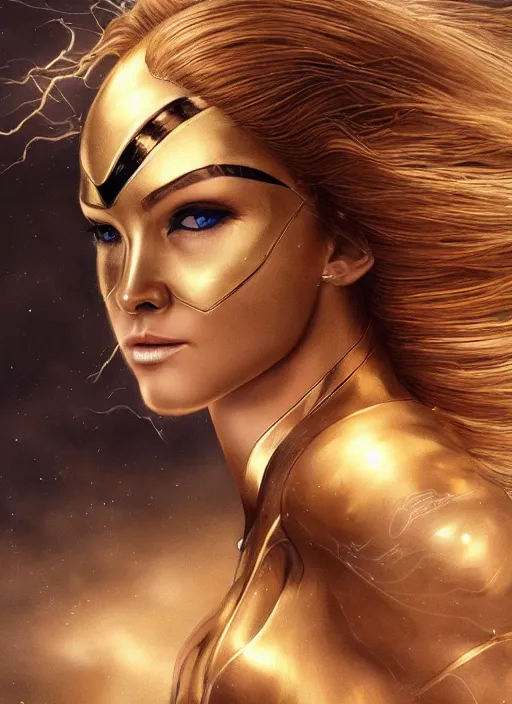 Image similar to golden pencil drawing of beautiful robot - cat woman face, goddess, beautiful blonde hair flying in the wind, hyper realistic face, in the style of greg rutkowski, fantasy, amazing detail, epic, elegant, smooth, sharp focus, from the front