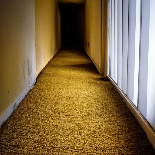 Prompt: photo of a scary entity in the backrooms, mono - yellow old moist carpet