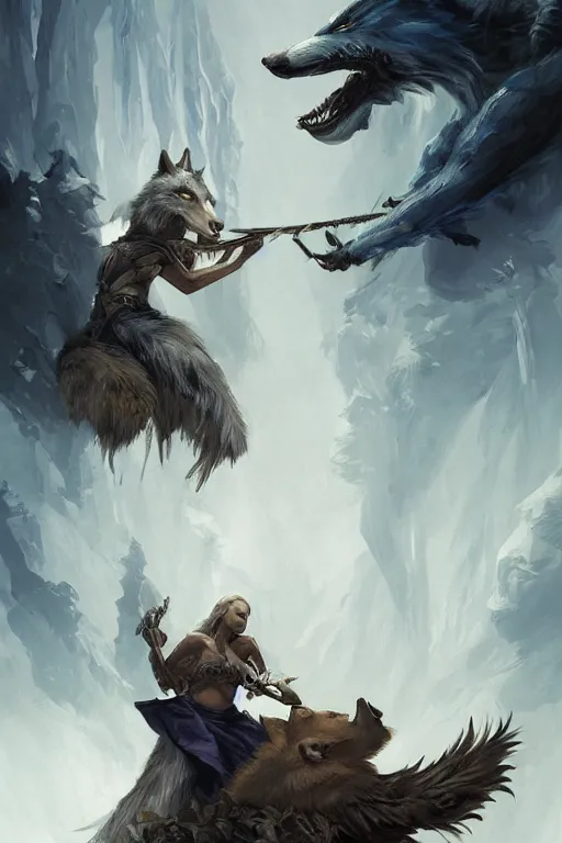 Prompt: concept art of fitzchivalry and nighteyes wolf taking ayahuasca with jonathan lehmann, by aenaluck, artgerm and roberto ferri and greg rutkowski, blue and white tones, digital painting, artstation, concept art, smooth, sharp foccus ilustration hq