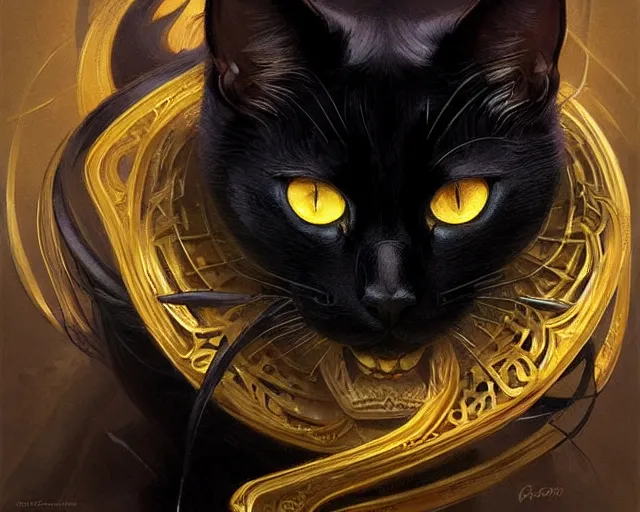 Prompt: black cat with deep big yellow eyes, deep focus, d & d, fantasy, intricate, elegant, highly detailed, digital painting, artstation, concept art, matte, sharp focus, illustration, hearthstone, art by artgerm and greg rutkowski and alphonse mucha