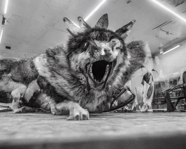 Image similar to Close up camera footage of a extremely aggressive Feral Mutated Wolf with severe late stage rabies in an abandoned shopping mall, Wolf Snarling Directly toward camera, Terrifying :7 , high exposure, dark, monochrome, camera, grainy, CCTV, security camera footage, timestamp, zoomed in, Feral, fish-eye lens, Rabid, Radiation Mutated Wolf, Nightmare Fuel, Wolf, Evil, Bite, Motion Blur, horrifying, lunging at camera :4 bloody dead body, blood on floors, windows and walls :5