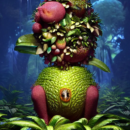 Image similar to tropical fruit creature in a lush trunda vegetation, water reflection, night, backlit, warm tones, bioluminescent : by michal karcz, daniel merriam, victo ngai and guillermo del toro : ornate, dynamic, particulate, intricate, elegant, highly detailed, centered, artstation, smooth, sharp focus, octane render