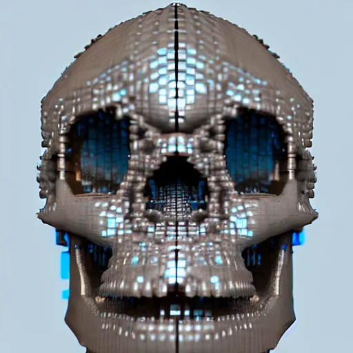 Image similar to portrait of cybernetic overlord of the metaverse, skull, hard clay, ceramics, reflections, ambient occlusion, raytracing, 8 - bit, by beeple