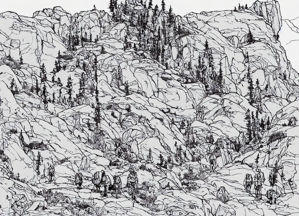 Image similar to backpacking in utah, minimalist line art by moebius, clean long lines, ultra detailed