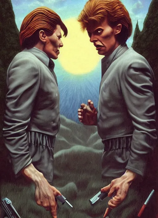 Prompt: twin peaks poster art, david bowie fighting his doppelganger gemini good and evil, old retro pulp, by michael whelan, rossetti bouguereau, artgerm, nostalgic, old fashioned