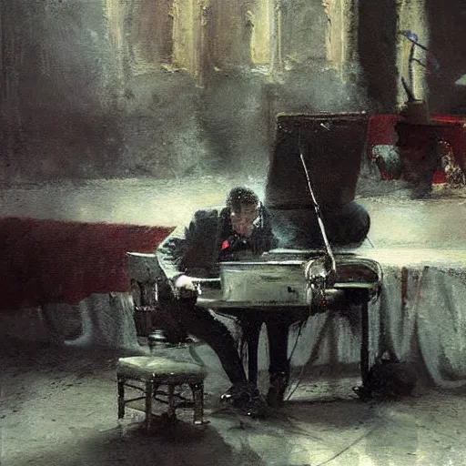 Prompt: satan competing in a violin contest, detailed jeremy mann painting