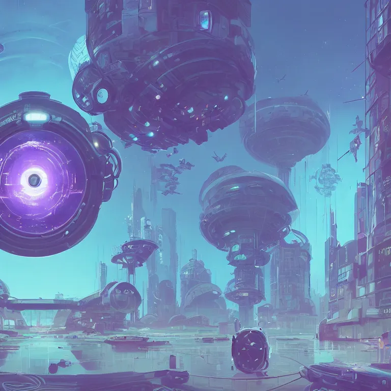 Image similar to a circle portal structure floating in space, cyberpunk, epic surrealism, indigo, purple, cyan, detailed digital matte painting in the style of simon stalenhag and painting by ralph mcquarrie