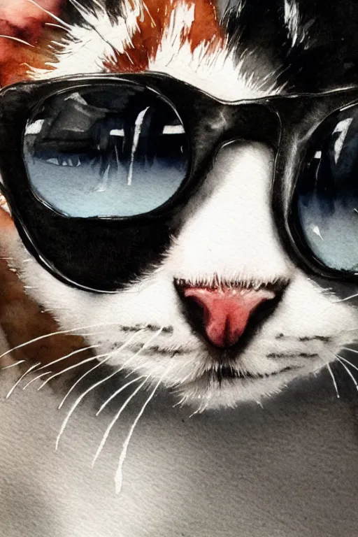 Prompt: Portrait of a Kitten wearing sunglasses and a leather jacket, watercolor, photorealistic, highly detailed, artstation, smooth, sharp focus, illustration.