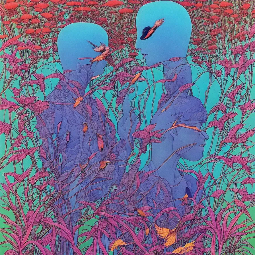 Image similar to ( ( ( beautiful strange forest and flowers and birds ) ) ) by mœbius!!!!!!!!!!!!!!!!!!!!!!!!!!!, overdetailed art, colorful, record jacket, warm tones, bioluminescent