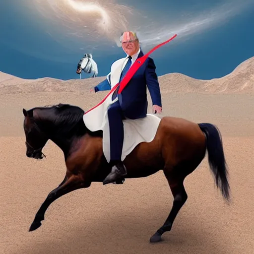 Image similar to donald trump riding a horse in space, hd photo