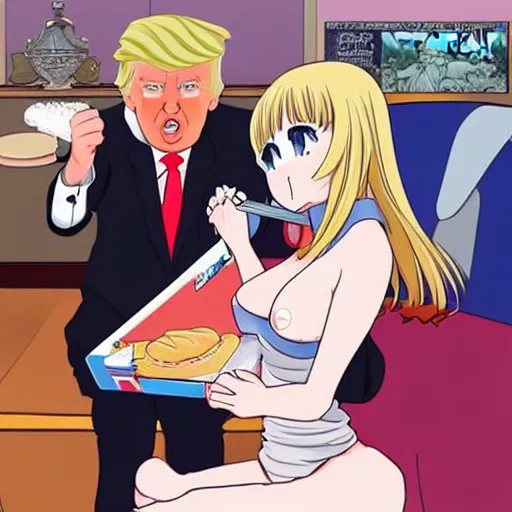 Image similar to Donald Trump eating his anime 2D girlfriend