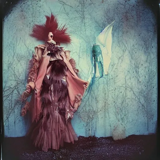 Image similar to damaged kodak portra 4 0 0, wetplate, photo of a surreal artsy dream scene,, very beautiful model, weird fashion, grotesque, extravagant dress, strange pose, carneval, with an animal, wtf, photographed by paolo roversi style