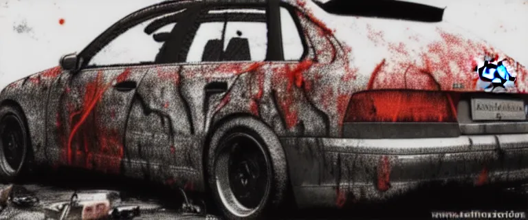 Image similar to Audi A4 B6 Avant (2002), a gritty neo-noir, dramatic lighting, cinematic, eerie person, death, homicide, homicide in the snow, viscera splattered all over the car, gunshots, establishing shot, extremely high detail, photorealistic, red mist, arson, burning city, cinematic lighting, artstation, by simon stalenhag, Max Payne (PC) (2001) winter New York at night, In the style of Max Payne 1 graphic novel, flashing lights, Poets of the Fall - Late Goodbye