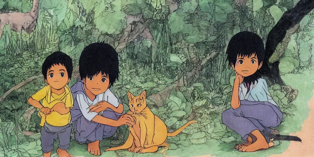 Image similar to sri lankan kid and cat, drawn by hayao miyazaki