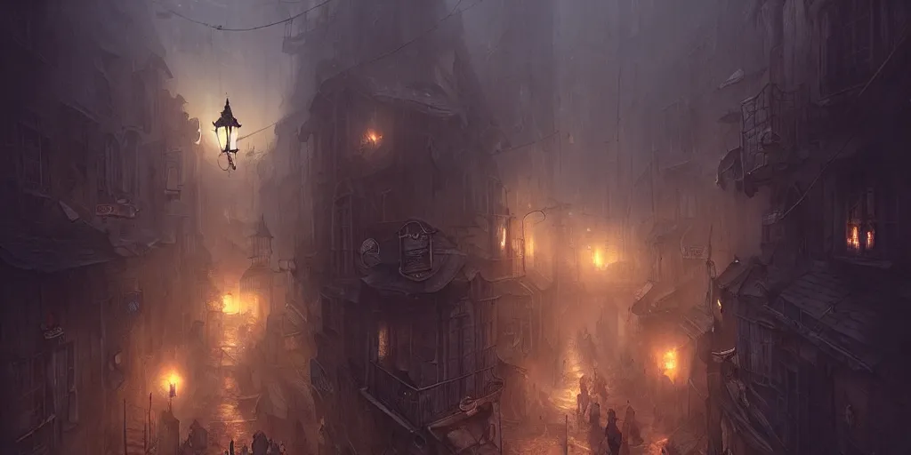 Prompt: dark town street by bastien lecouffe - deharme and charles bowater, greg rutkowski, adventure game, high angle, inspired by diablo concept art