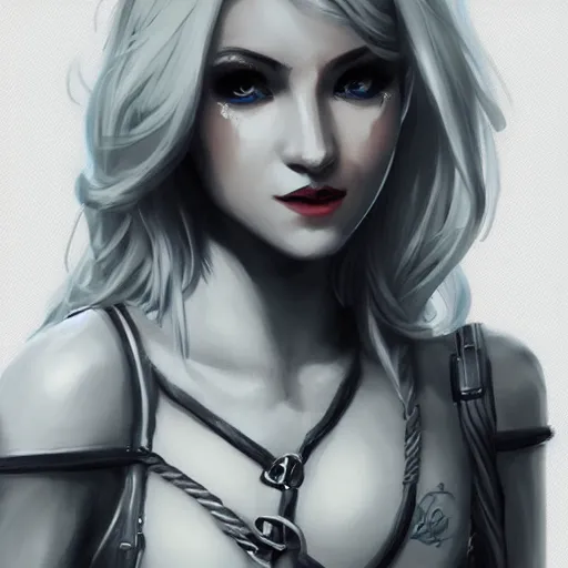 Prompt: portrait, petite female blonde rogue, thick eyeliner, seductive smile, D&D, illustration, artstation, 4k, concept art, intricate