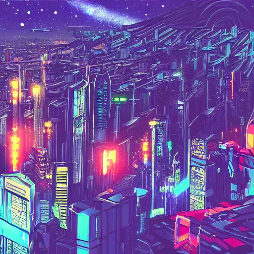 Image similar to city in the style of cyberpunk ontop of a mountain, space sky, anime illustration,