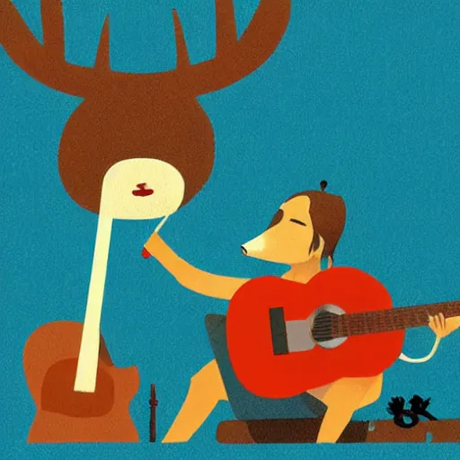 Image similar to deer playing guitar in the style of tatsuro kiuchi